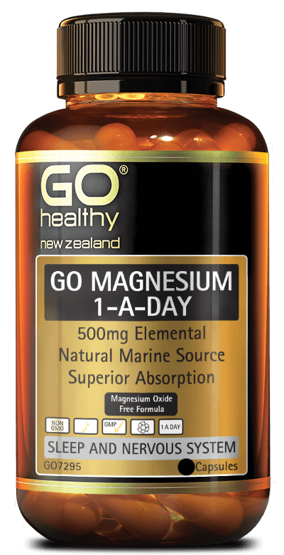 GO MAGNESIUM 1-A-DAY is a high strength, 1-A-Day formula which contains 500mg of elemental Magnesium per capsule.   Sourced from seawater, this natural marine Magnesium contains no Magnesium oxide, giving it superior absorption as well as being gentle on the digestive tract. Magnesium is effective in supporting relaxation, soothing muscle tension and muscle tightness as well as for supporting a good night’s sleep.