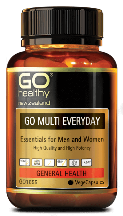 GO MULTI EVERYDAY is a high potency, all in one multi-vitamin and mineral supplement designed for both men and women. GO Multi Everyday works to support energy levels and maintain general health and well-being. Taking a high quality multi vitamin and mineral supplement is recommended by Healthcare Professionals worldwide.