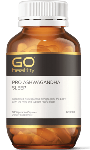 GO PRO Ashwagandha Sleep 60 VegeCaps PRO ASHWAGANDHA SLEEP Specialised Ashwagandha blend to relax the body, calm the mind and support restful sleep.  HEALTH BENEFITS:  Specially formulated with a combination of Ashwagandha, Valerian, Passionflower and Lavender Oil A specialised blend to relax the body, calm the mind and support restful sleep Contains Ashwagandha in the specialised form of KSM-66 to provide support during times of stress