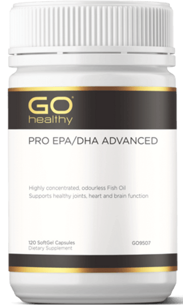 GO PRO EPA/DHA Advanced 120 SoftGels PRO EPA/DHA ADVANCED Highly concentrated, odourless Fish Oil. Supports healthy joints, heart and brain function  HEALTH BENEFITS:  Highly concentrated strength of the omega-3 fatty acids, EPA and DHA Provides three times the amount of omega-3 per capsule than standard strength Fish Oil 1,000mg Essential for heart health and healthy cardiovascular system function Supports healthy mood, brain function and eye health