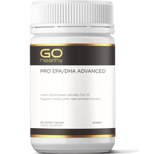 GO PRO EPA/DHA Advanced 120 SoftGels PRO EPA/DHA ADVANCED Highly concentrated, odourless Fish Oil. Supports healthy joints, heart and brain function  HEALTH BENEFITS:  Highly concentrated strength of the omega-3 fatty acids, EPA and DHA Provides three times the amount of omega-3 per capsule than standard strength Fish Oil 1,000mg Essential for heart health and healthy cardiovascular system function Supports healthy mood, brain function and eye health Supports joint health and comfort