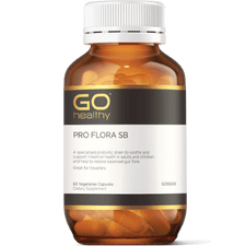 GO PRO Flora SB 60 VegeCaps PRO FLORA SB A specialised probiotic strain to soothe and support intestinal health in adults and children and help to restore a balanced gut flora. Great for travellers.  HEALTH BENEFITS:  Contains specialised probiotic strain Saccharomyces cerevisiae (Bouldarii), providing 10 billion CFU per capsule Helps to restore and balance friendly gut flora Supports intestinal health and healthy mucous lining of the digestive system 