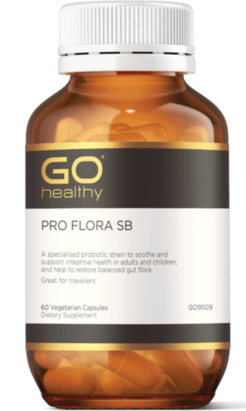 GO PRO Flora SB 60 VegeCaps PRO FLORA SB A specialised probiotic strain to soothe and support intestinal health in adults and children and help to restore a balanced gut flora. Great for travellers.  HEALTH BENEFITS:  Contains specialised probiotic strain Saccharomyces cerevisiae (Bouldarii), providing 10 billion CFU per capsule Helps to restore and balance friendly gut flora Supports intestinal health and healthy mucous lining of the digestive system 