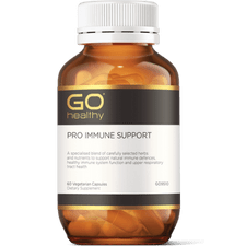 GO PRO Immune Support 60 VegeCaps PRO IMMUNE SUPPORT A specialised blend of carefully selected herbs and nutrients to support natural immune defences, healthy immune system function and upper respiratory tract health.  HEALTH BENEFITS:  Specially formulated with carefully selected herbs and immune supporting nutrients Contains PELAFORCE™ EMA1170™