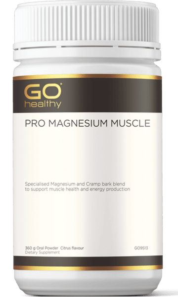 GO PRO Magnesium Muscle 360g Powder Citrus PRO MAGNESIUM MUSCLE Specialised Magnesium and Cramp bark blend to support muscle health and energy production.  HEALTH BENEFITS:  Specially formulated with a combination of Magnesium, Cramp bark and essential nutrients 280mg elemental Magnesium supplied in easy to take powder format Magnesium supports energy production, body electrolyte balance and healthy muscle contraction function Magnesium also supports healthy cardiovascular system function