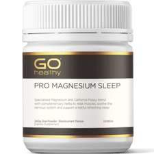 GO PRO Magnesium Sleep 240g Powder Blackcurrant PRO MAGNESIUM SLEEP Specialised Magnesium and California Poppy blend with complementary herbs to relax muscles, soothe the nervous system and support a restful refreshing sleep.  HEALTH BENEFITS:  Specially formulated with a combination of Magnesium, California Poppy, Passionflower, Chamomile and Tart Cherry A specialised blend to calm, relax, ease tension and support a restful refreshing sleep 350mg elemental Magnesium supplied in easy to take powder format 