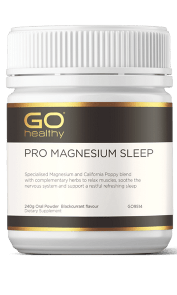 GO PRO Magnesium Sleep 240g Powder Blackcurrant PRO MAGNESIUM SLEEP Specialised Magnesium and California Poppy blend with complementary herbs to relax muscles, soothe the nervous system and support a restful refreshing sleep.  HEALTH BENEFITS:  Specially formulated with a combination of Magnesium, California Poppy, Passionflower, Chamomile and Tart Cherry A specialised blend to calm, relax, ease tension and support a restful refreshing sleep 350mg elemental Magnesium supplied in easy to take powder format 
