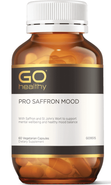 GO PRO Saffron Mood 60 VegeCaps PRO SAFFRON MOOD With Saffron and St John’s Wort to support mental wellbeing and healthy mood balance.  HEALTH BENEFITS:  Specially formulated with a combination of Saffron, St John’s Wort and complementary nutrients Contains affron®, a specialised Saffron extract that supports calm, relaxation and healthy mood balance Saffron provides support during times of increased stress, nervous tension, weariness and mental fatigue