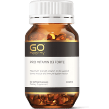 GO PRO Vitamin D3 Forte 60 SoftGels PRO VITAMIN D3 FORTE Maximum strength Vitamin D3 to support bone, muscle and immune system health.  HEALTH BENEFITS:  Contains 1,000IU of Vitamin D3 per capsule to support Vitamin D levels in the body Essential for bone health, supports bone strength and bone development Supports immune system and muscle health Supplied in the convenience of a 1-A-Day dose Compact size capsule