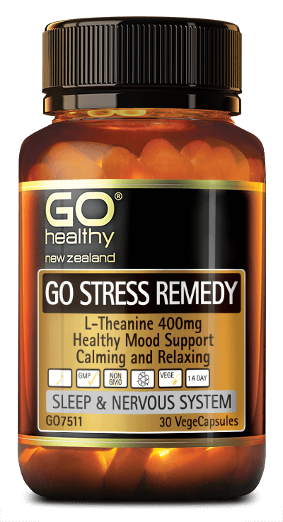 GO STRESS REMEDY contains 400mg of L-Theanine (free form) per VegeCapsule. Taken daily, this 1-A-Day formula supports good mood, relaxation, calming and helps to chill out over-stimulation caused by caffeine and stress, while also supporting mental clarity and focus without drowsiness. 