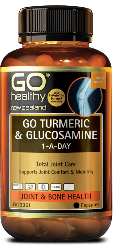 GO TURMERIC & GLUCOSAMINE 1-A-DAY contains high strength Turmeric, along with a 1,500mg full dose of scientifically proven Glucosamine Sulfate. The incorporation of Ginger helps provide extra support for joint comfort, as well as aids in digestion, with the additions of BioPerine® (Black Pepper) offering increased absorption. GO Turmeric & Glucosamine 1-A-Day provides total joint care supplied in an easy 1-A-Day dose.