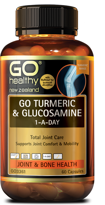 GO TURMERIC & GLUCOSAMINE 1-A-DAY contains high strength Turmeric, along with a 1,500mg full dose of scientifically proven Glucosamine Sulfate. The incorporation of Ginger helps provide extra support for joint comfort, as well as aids in digestion, with the additions of BioPerine® (Black Pepper) offering increased absorption. GO Turmeric & Glucosamine 1-A-Day provides total joint care supplied in an easy 1-A-Day dose.