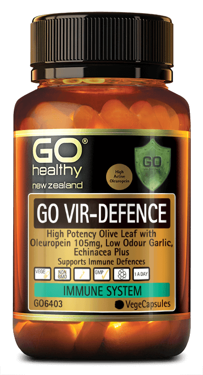 GO VIR-DEFENCE contains high strength Olive leaf, providing 105mg of active oleuropein per capsule, along with other essential immune supporting ingredients including Echinacea, Garlic, Zinc and Vitamin C. GO Vir-Defence supports a healthy immune system and the body’s natural defences.