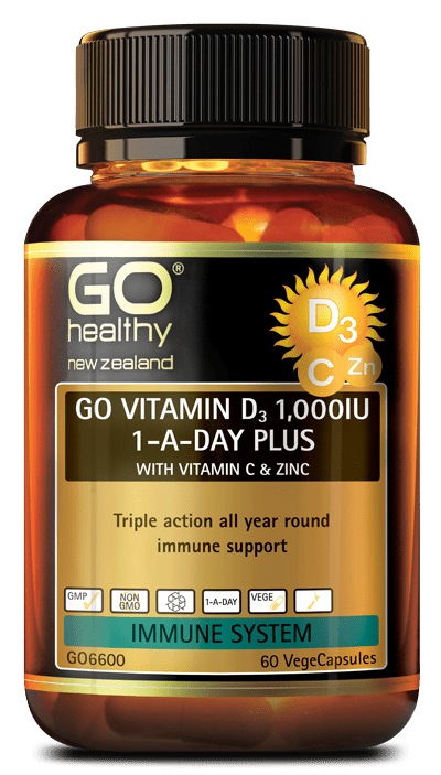 GO VITAMIN D3 1,000IU 1-A-DAY PLUS WITH VITAMIN C & ZINC is a high potency triple action immune formula to support all year round immunity. GO Vitamin D3 1,000IU 1-A-Day Plus with Vitamin C & Zinc provides a full maximum daily dose of both Vitamin D3 and Zinc as recommended in New Zealand. The combination of Vitamin D3, Vitamin C and Zinc provides a powerful blend of immune nutrients to support healthy immune system function, as well as supporting positive mood, overall health and wellbeing. 