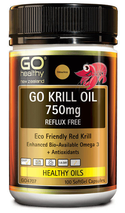 GO Krill Oil 750mg Reflux Free is a highly bio-available source of Omega 3 with antioxidants. Krill Oil contains Phospholipids which support the transport of Omega 3 into the cells giving greater absorption than regular Fish Oil. Omega 3 Essential Fatty Acids support healthy brain function, focus and mental clarity. Krill are part of the plankton family of crustaceans.