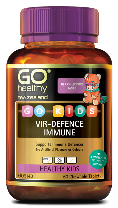 GO KIDS VIR-DEFENCE IMMUNE is a great tasting berry-licious chewable tablet, designed specifically to support children’s immune health. GO Kids Vir-Defence Immune contains a combination of Vitamin C, D; Zinc, Echinacea and Elderberry to help support a healthy immune system and the body’s natural immune defences.