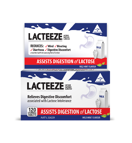 Lacteeze Extra Strength Aids Digestion of Dairy 120 Tablets Enjoy all your favourite dairy foods again with Lacteeze Extra Stength! Lacteeze aids the digestion of dairy with the temporary increase in lactase enzymes in the digestive system to provide relief of gas, bloating, abdominal cramps and diarrhoea associated with the digestion of dairy. This allows the lactose in dairy to be digested naturally.