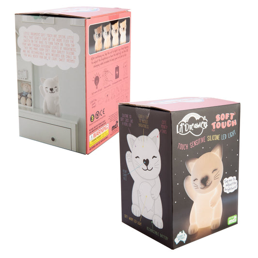 Lil Dreamers Cat Soft Touch LED Light Adorable kitten LED touch lamp with its paw up Activate and adjust 6 levels of brightness with just a touch Soft silicone casing with efficient LED bulb Rechargeable battery with included charging cord 11(L) x 12(W) x 11(H) cm Lithium not replaceable LED bulb not replaceable SKU: RS-LTL/C