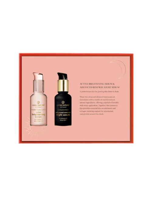 Valued at $98 NZD! Promote rejuvenated, radiant skin around the clock with Living Nature’s new Dawn to Dusk Duo Set. Containing award winning Active Brightening Serum and Advanced Renewal Night Serum, this plant powered duo provides essential skin nourishment and collagen boosting support with 100% natural, sustainably sourced ingredients.