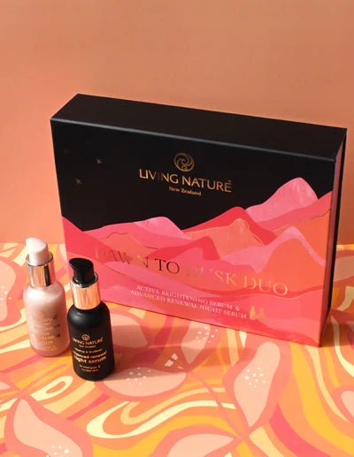 Valued at $98 NZD! Promote rejuvenated, radiant skin around the clock with Living Nature’s new Dawn to Dusk Duo Set. Containing award winning Active Brightening Serum and Advanced Renewal Night Serum, this plant powered duo provides essential skin nourishment and collagen boosting support with 100% natural, sustainably sourced ingredients.