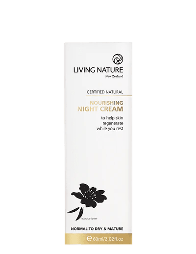Living Nature’s certified natural Nourishing Night Cream is a nutrient rich moisturiser to deeply hydrate and restore skin while you sleep.  • Increases moisture levels, plumping fine lines and leaving your skin soft and dewy • Works to restore elastin and collagen levels for firmer, younger-looking skin • Suitable for normal to dry and mature skin • Certified natural • Made in New Zealand