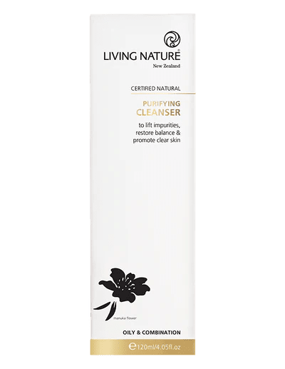 LIVING NATURE PURIFYING CLEANSER Living Nature’s certified natural Purifying Cleanser is a lightly foaming gel to gently cleanse and balance skin.  • Gently cleanses without harsh chemicals • Leaves skin clear and balanced • Suitable for oily and combination skin • Certified natural • Made in New Zealand