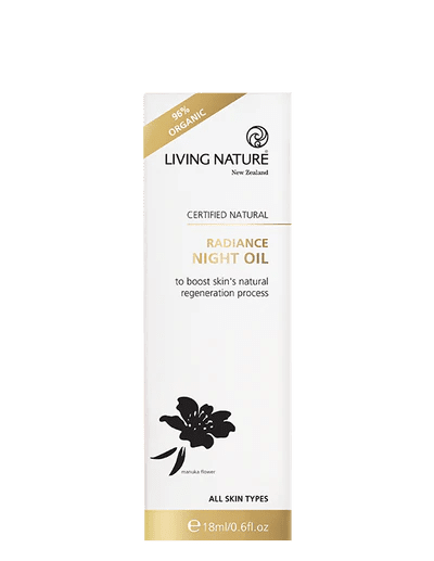 Living Nature’s certified natural Radiance Night Oil is an advanced antioxidant-rich night treatment, which works to improve the appearance of your skin while you sleep.  • An award winning blend of 100% natural and 96% organic botanical oils • Boosts skins moisture levels while assisting to repair and rejuvenate for firmer, younger looking skin • Infused with the luxurious fragrance of fresh roses • Assists with skin concerns such as dull tired skin, dry skin, scars and wrinkles