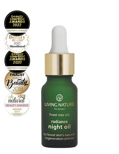 Living Nature’s certified natural Radiance Night Oil is an advanced antioxidant-rich night treatment, which works to improve the appearance of your skin while you sleep.  • An award winning blend of 100% natural and 96% organic botanical oils • Boosts skins moisture levels while assisting to repair and rejuvenate for firmer, younger looking skin • Infused with the luxurious fragrance of fresh roses • Assists with skin concerns such as dull tired skin, dry skin, scars and wrinkles