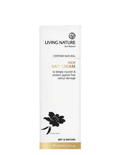 Living Nature’s certified natural Rich Day Cream is a luxuriously rich daily moisturiser to deeply nourish and protect against damaging free radicals.  • A nutrient rich cream formulated to draw in moisture and provide deep nourishment for dry skin • Provides daily protection to help neutralise skin aging free radicals • Suitable for dry and mature skin • Certified natural • Made in New Zealand