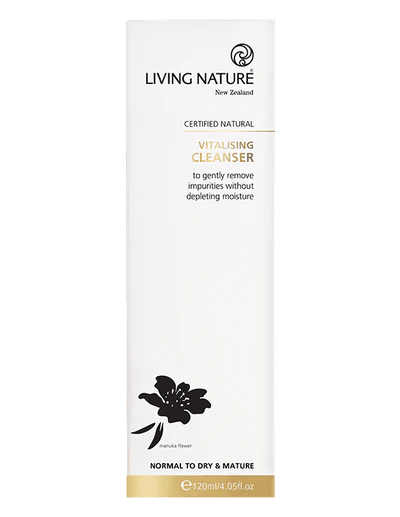 Living Nature’s certified natural Vitalising Cleanser is a gentle creamy cleanser to remove makeup and impurities without stripping your skin.  • Gentle cream formulation • Cleanses without stripping skin of protective oils • Suitable for normal to dry and mature skin • Certified natural • Made in New Zealand