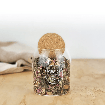 MagicT - Daily Energiser 50g Glass Jar The Winner of the NZ Artisan Awards Bronze Medal.  A tea to wake you and revive you.  Open the pack and enjoy its subtle beauty and aroma.  But the surprise is when you find out how we make it.  It takes almost one hour to make only 500 grams of this beautiful blend.