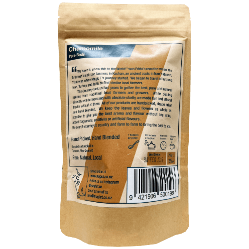 MagicT - Pure Herbs - Pure Chamomile 35g Pouch 1st Stop, Marshall's Health Shop!  This chamomile tea is refreshing, with a natural sweetness and can be drunk at any time. Studies show chamomile tea has calming effects on your sleep quality as well as boosting your immune system. Enjoy drinking this pure herbal tea for its delicious taste and comforting aroma.  Pure Dried Shiraz Chamomile buds