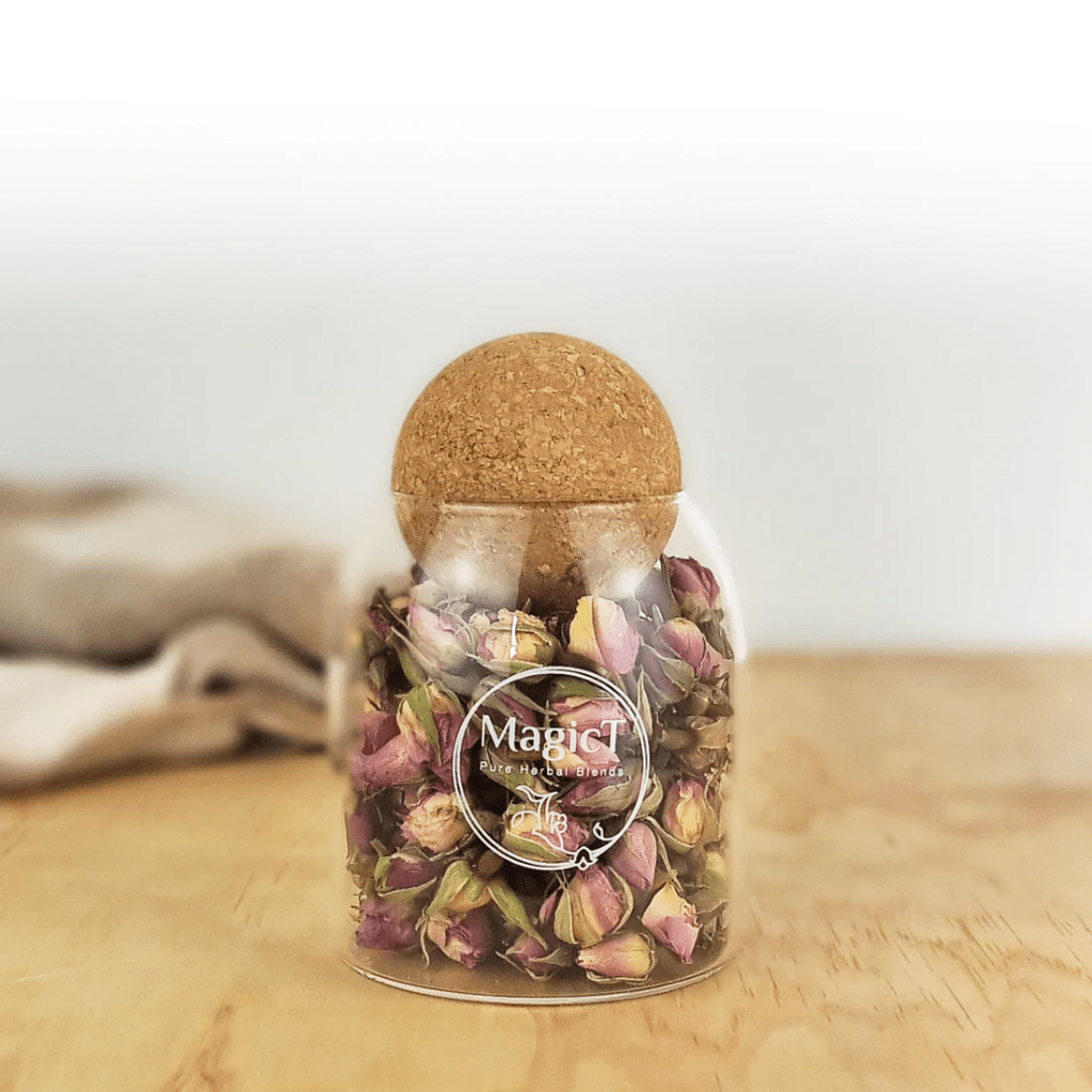 MagicT - Pure Herbs - Pure Rose Buds 60g Glass Jar 1st Stop, Marshall's Health Shop!  Pure Damask Rose buds  Aromatic, fresh rosebuds come straight from Ghamsar/Kashan. Rosebud tea made from large, whole, dehydrated rose blossoms is fruity and light-tasting, with no calories. The Rosebuds are surprisingly fragrant. 