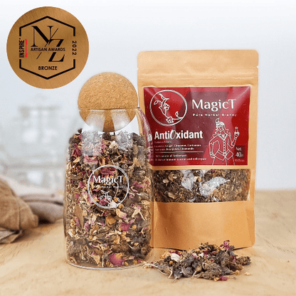 MagicT - Wellness - AntiOxidant Blend 50g Glass Jar 1st Stop, Marshall's Health Shop!  Lavender, Cinnamon, Ginger, Cardamom, Chamomile, Star anise and Rose petal  Lavender’s gorgeous purple flowers are the main ingredient of this blend, if you love lavender you love this tea.  This antioxidant blend has been expertly formulated to achieve the highest quality in taste and therapeutics. 1st Stop, Marshall's Health Shop!