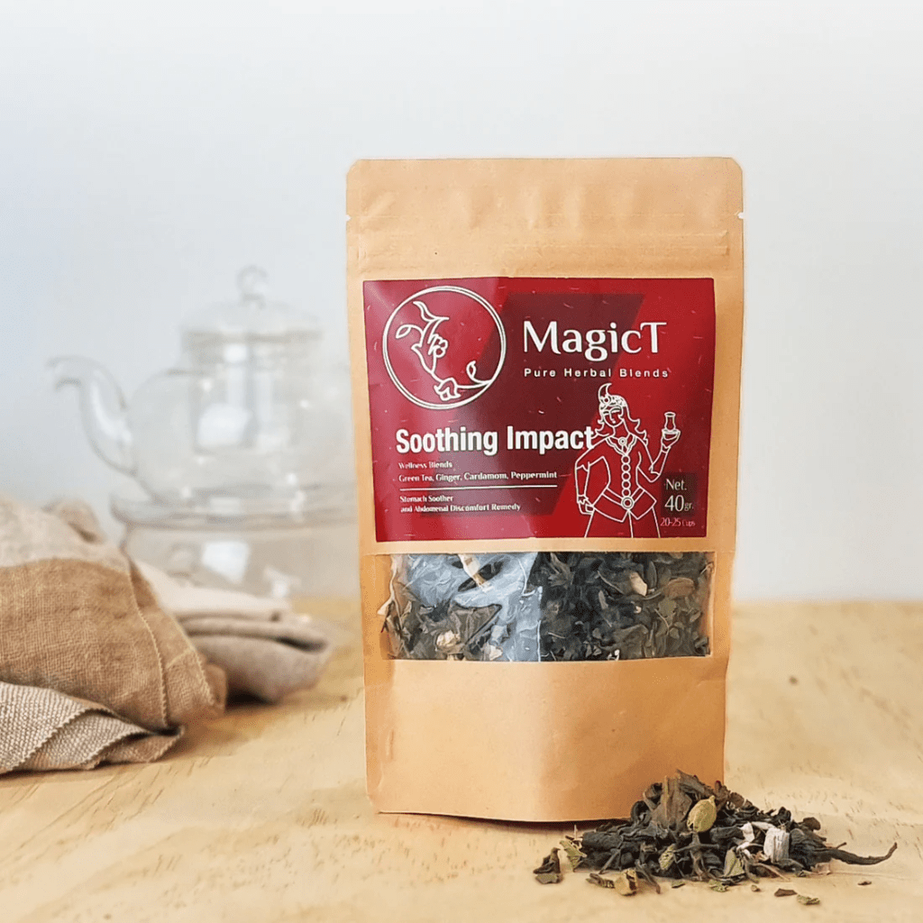 MagicT - Wellness - Soothing Impact 40g Pouch 1st Stop, Marshall's Health Shop!  Green tea, Ginger, Peppermint, Cardamom  A blend of best-flavoured herbs including Cardamom, peppermint and Ginger mixed with premium Green tea to support your digestive wellbeing.  HEALTH BENEFITS:  Antioxidant Digestion Weight Management