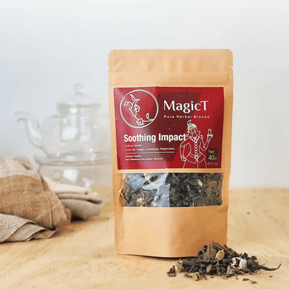 MagicT - Wellness - Soothing Impact 40g Pouch 1st Stop, Marshall's Health Shop!  Green tea, Ginger, Peppermint, Cardamom  A blend of best-flavoured herbs including Cardamom, peppermint and Ginger mixed with premium Green tea to support your digestive wellbeing.  HEALTH BENEFITS:  Antioxidant Digestion Weight Management