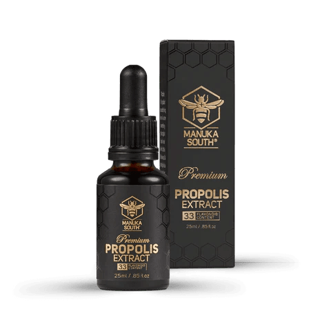 Manuka South Propolis Extract 33mg 25ml Dropper Created by bees to keep the hive safe, Propolis is a natural substance used to strengthen and protect the hive from diseases. Offering powerful antioxidant properties, it helps to support the immune system with guaranteed flavonoid content.    Premium Propolis Extract can also be applied topically to assist the body’s natural repair processes. Each dose delivers a guaranteed 33 mg of active flavonoids.