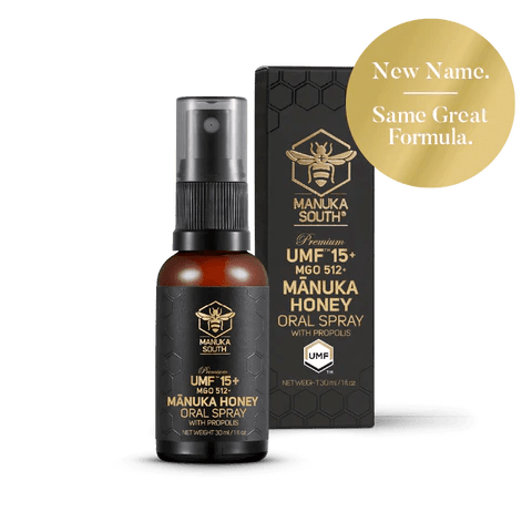 Manuka South UMF 15+ Manuka Honey Oral Spray with Propolis 30mls Formulated using our premium UMF 15+ (MGO 512) Mānuka honey combined with our premium New Zealand propolis extract our oral spray offers natural high-grade antibacterial and antiviral properties. 