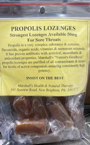 Marshall's Nature's Goodness Propolis Lozenges 10pcs Marshall’s “Nature’s Goodness” propolis lozenges with 50mg of propolis per lozenge, the strongest available for sore throats.  Propolis is a very complex substance and contains flavonoids, organic acids, vitamins & numerous minerals. Marshall’s “Nature’s Goodness” propolis lozenges are purified of all contaminants and tested for high levels of active compounds ensuring consistently high potency
