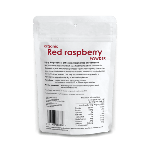 Matakana Organic Red Raspberry Powder 100g Red Raspberries (Rubus idaeus) have long been used as a nutritious food as well as for medicinal purposes throughout the world. There has even been archaeological evidence that Paleolithic cave dwellers ate raspberries. Red Raspberries have traditionally been associated with fertility and its leaves are used in herbal teas to sooth digestion and menstrual cramps.
