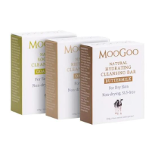 MooGoo Natural Cleansing Bars 130g 3 Pack Fresh Buttermilk, Olive Oil & Cocoa Butter Finely Ground Oatmeal, Buttermilk & Cocoa Butter. Fresh Goat’s Milk, Olive Oil & Cocoa Butter - Many commercial brands of goat's milk soap use powdered milk. 