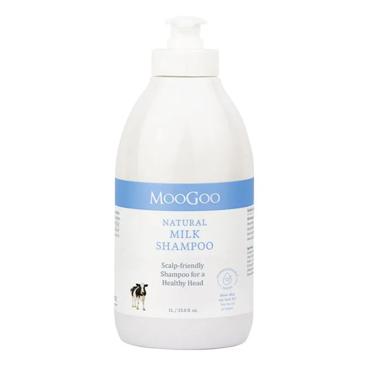 MooGoo Milk Shampoo 1L Our Milk Shampoo is one of our most popular products. It was originally made for a family member who had a scalp so itchy they went to bed with olive oil on their scalp and cling wrap around their head. It took us 6 months of trialing until we were able to banish the cling wrap to the kitchen for good.