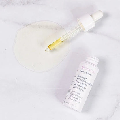 MooGoo Active Serums Vitamin C 25ml Ascorbyl Tetraisopalmitate (Vitamin C) in Squalane (25% w/v) 25ml  We made this serum by dissolving an oil-soluble form of Vitamin C called Ascorbyl Tetraisopalmitate or VCIP, through a base of hydrating antioxidant oils that mimic the skin's own sebum. This means that it’s easily absorbed into the skin, getting the goods right where you want them.