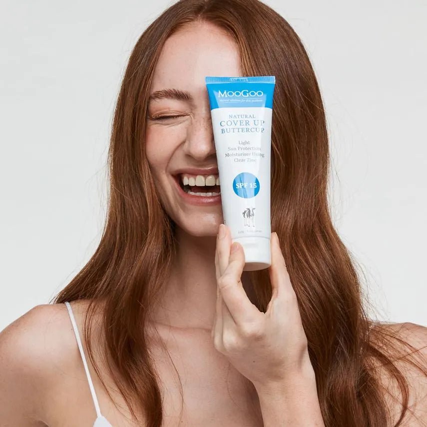 MooGoo Cover Up Buttercup SPF 15 Natural Moisturiser 120g A natural SPF 15 cream still provides very good sun protection whilst not requiring as much clear Zinc and other ingredients as with higher SPF formulas so it feels lighter on the skin. This formula provides long lasting protection without using UV Filters or penetration enhancers, and it won’t leave you looking white as a ghost after application. This is personally what we prefer to use at home.