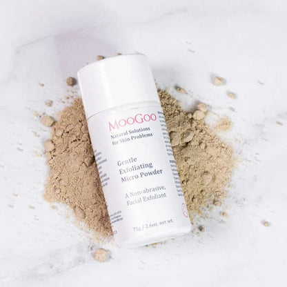 MooGoo Gentle Exfoliating Micro Powder 75g Having a bit of a rough time and need some help s-MOO-thing things out with your skin? We’ve carefully designed a non-abrasive, facial exfoliant to help you buff away the day and turn over a new leaf to start fresh. We believe that dual exfoliation (meaning organic acid and non-scratchy physical particles) is the most effective way to gently exfoliate. 