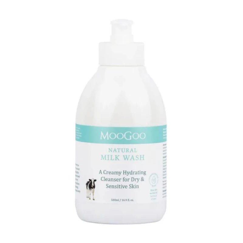 MooGoo Milk Wash 500ml Our Milk Wash is one of our most popular products. We combine small amounts of 5 different natural cleaners as this can be gentler on skin than one concentrated cleanser. We chose natural cleansers that wash well without drying out the skin. The foaming action isn’t quite as intense as it would if we used a synthetic detergent like SLS (or other common culprits that end in –fate),