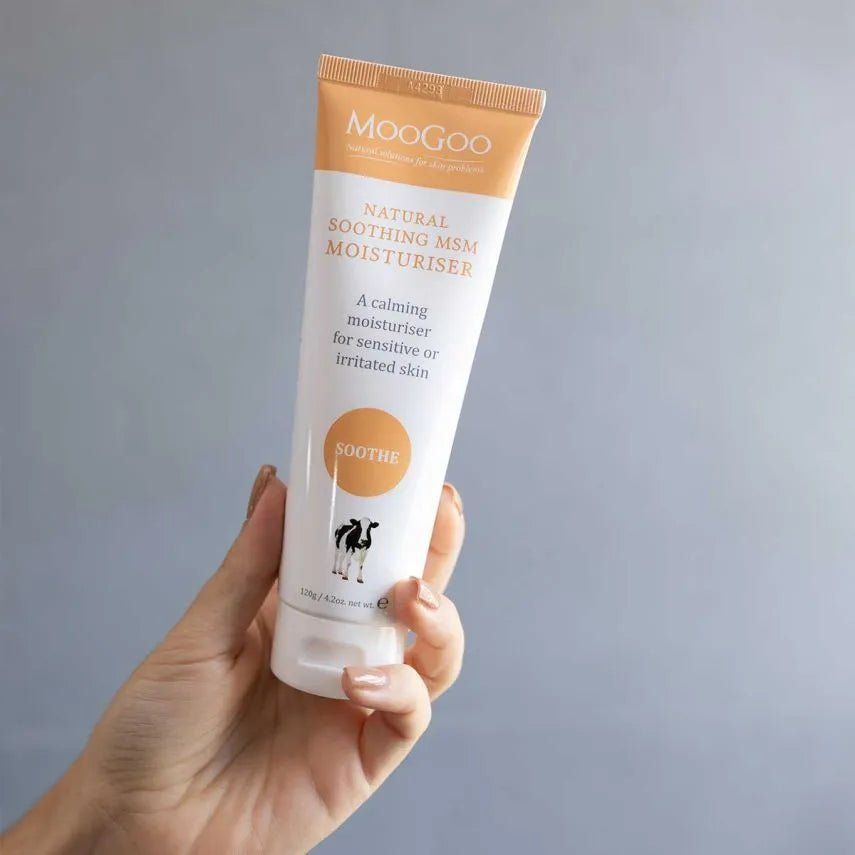 MooGoo Soothing MSM Moisturiser 120g We made this cream with the sensitive types in mind. We know how frustrating it can be for those with fussy skin that react to just about anything and everything. This lightweight cream is made using the moisturising base of our Full Cream Moisturiser which is full of oils that are high in the types of fatty acids that healthy skin needs and irritated skin loves.