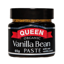Queen Established 1897  Made with organic vanilla beans, Queen Vanilla Bean Paste with Seeds gives a strong, pure vanilla flavour and attractive vanilla bean flecks to desserts and baking.  One teaspoon of this paste has the seed content of a whole Vanilla Bean, meaning it is an ideal substitute for recipes that call for a whole Vanilla Bean.  It  can also be used 1:1 to replace Vanilla extract in baking and desserts to give a stronger Vanilla flavour.