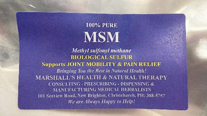 Marshall’s 100% Pure MSM - Biological Sulfur 500g MSM is a natural sulfur compound that helps support the formation of healthy connective tissues. It also helps support overall joint health, mobility, and a normal range of motion. It also may help reduce oxidative damage to support a healthy immune system.