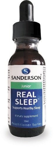 SANDERSON Real Sleep Junior 30ml Drops Developed by New Zealand and Canadian naturopathic and botanical experts, Sanderson Real Sleep Junior combines the best of botanical and homeopathic sleep support remedies with genuine Bach Flower essences to create a gentle support for healthy sleep patterns. The pleasant tasting drops are easy to use. 